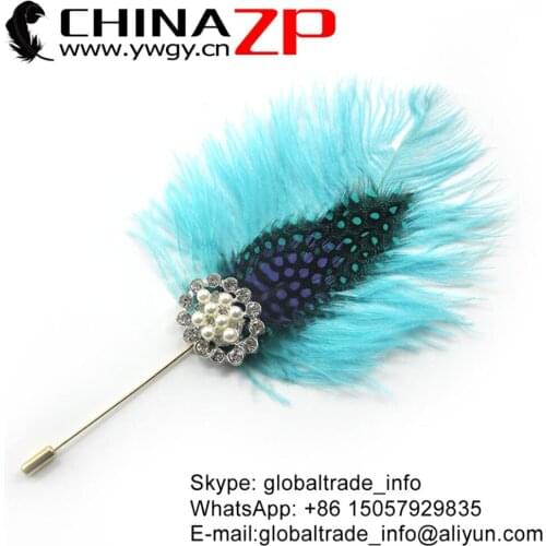 CHINAZP Factory Unique Handmade Dyed Light Blue Ostrich with Guinea Plumage Rhinestone Accessory Feather Brooch