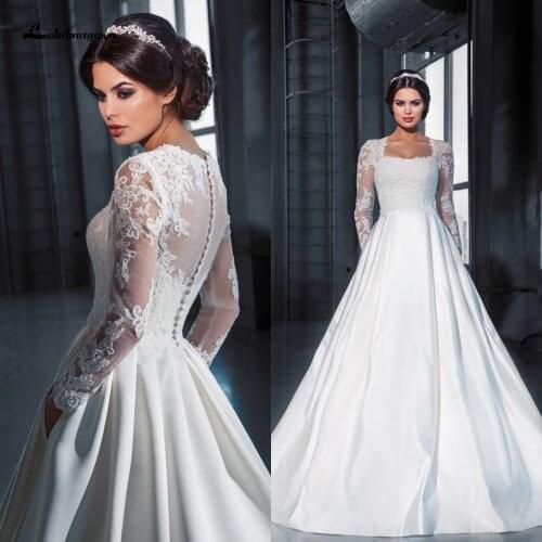 Vestido Vintage Satin A Line Wedding Dress with Sleeves 2020 Princess Bridal Wedding Gowns Lace Appliques Robe sirene mariage