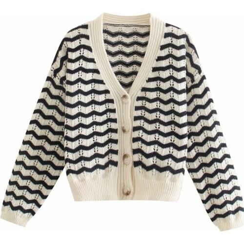 Spring and Autumn Womens Casual Striped V-neck Long Sleeve Hollow Design Cardigan Sweater