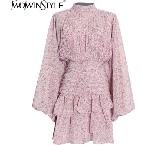 TWOTWINSTYLE Chiffon Dress For Women Ditsy Floral Colorblock Slim Stand Collar Puff Long Sleeve A Line Dresses Female 2021 New