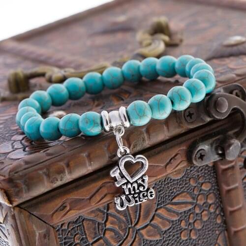 12PC/Lot Hot I Love My Wife Heart Charms Bracelet Natural Stone Beads Bracelet Bangle For Women Family Girlfriend Bracelets Gift