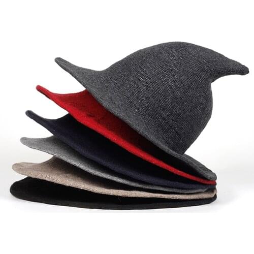 2018 Knit Bucket Hat Witch Hat Fisherman Men Women Halloween Decor Party Hats brim Sun Berets Witch Pointed Basin Hat red black