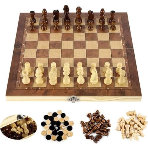 3 in 1 Chess Board, Folding Wooden Portable Chess Game Board, Wooden Chess Board for Adults(Chess + Checkers and Backgammon)