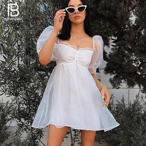 PB Chic White Mini Dress Puff Sleeves Short Sleeves Square Collar Lace-up Design Ruffles Party Club Vestido Free Shipping