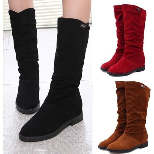 Autumn Spring Women Boots Matte Flock Boots For Female Ladies Height Increased Low Heel Shoes Lady Mid Calf High Boots Plus 40