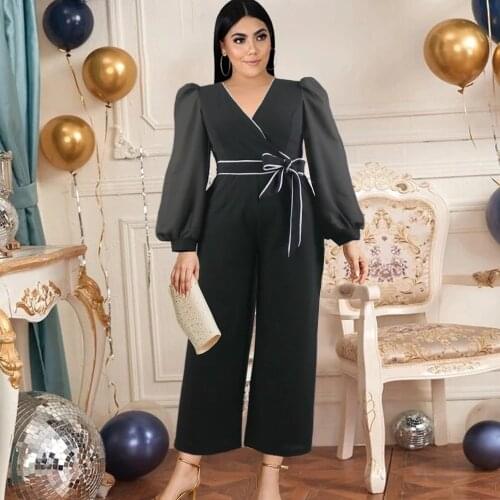 Black Womens Jumpsuit V Neck Lantern Long Sleeves Lace Up Straight Pants Sexy High Waist Elegant Trouser Suit Plus Size