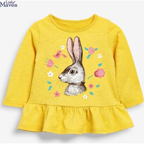 Little Maven New Autumn Spring Kids Yellow Bunny Printed O-neck Cartoon Full- sleeved Cotton Knitted Girls Casual Tshirts Tops