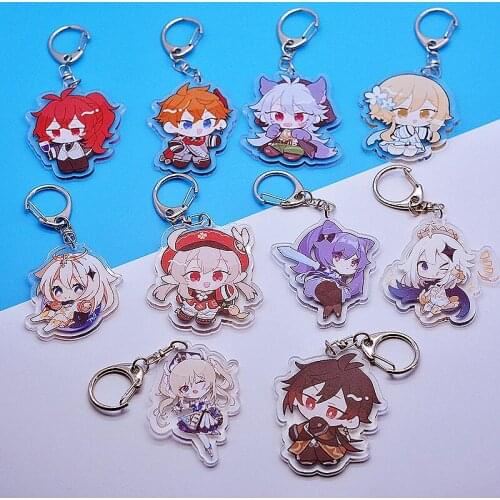 Game Genshin Impact Zhongli Diluc Keychain Cosplay Two-sided Acrylic Key Chains Cute Character Venti Paimon Pendant Keyring