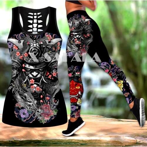 Samurai Tattoo Art Legings Two Piece Yoga Set Women 3D Print Vest Hollow Out Tank Top High Waist Legging Summer Casual Sport-1