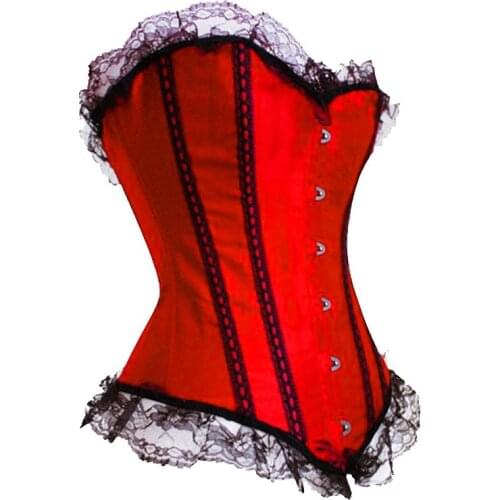 Red satin basque corset busiter lace up boned lingerie bodyshaper drop ship S-6XL instyles