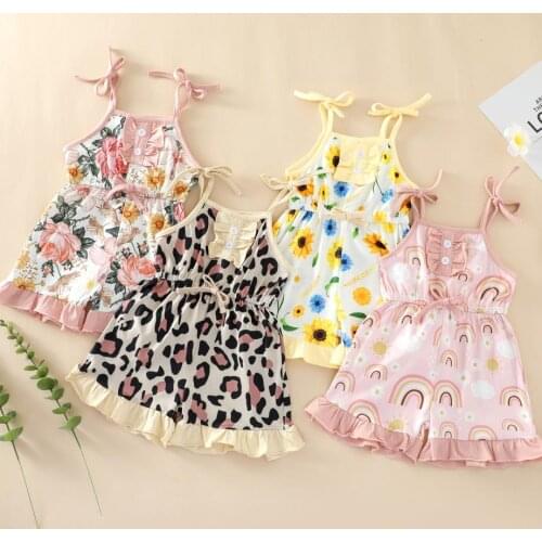 Summer Girls Square Collar Short Romper Floral/Rainbow/Leopard Print Sleeveless Sling Jumpsuit with Ruffles Kids Outfits