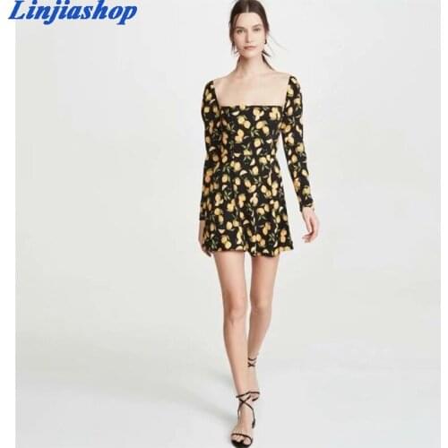 Fashion summer dress square collar long sleeves zipper backless sexy chic floral print mini dress women femme vestidos