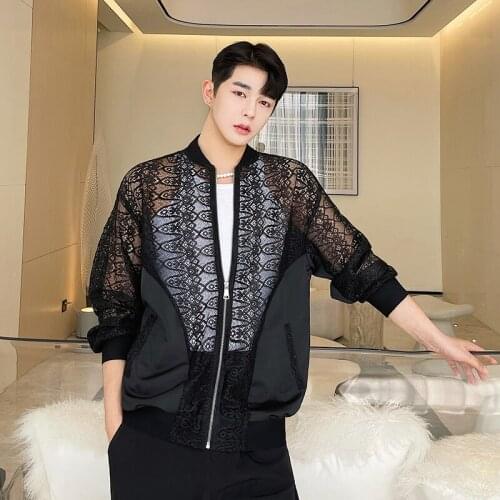 Mens Black See-through Long Sleeve Jacket Hollow Out Sunscreen Coat Casual Outwear C12