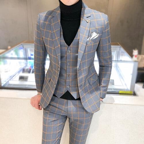 Men Dress Blazers Pants Vest 3 Piece Set / Male Wedding New 2020 Autumn Business Formal Plaid Suit Luxury Slim Fit Coat Trousers