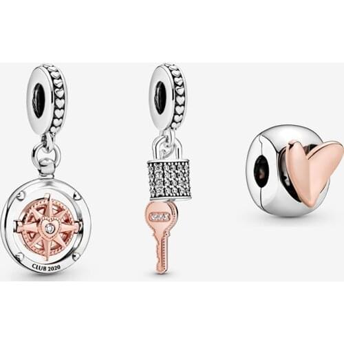 2020 New Original 925 Sterling Silver Bead Rose Heart Clip Compass Dangle Charm Fit Pandora Bracelet Bangle DIY Women Jewelry