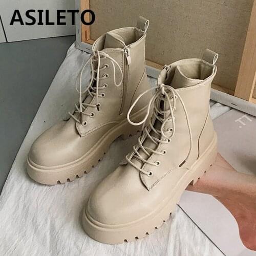 ASILETO PU Leather Autumn Ankle Boots For Women Platform Lace Up Chelsea Boot Spring Booties Female Thick Bottom Black S2195