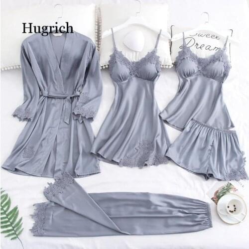 5 Piece Pajamas Set Sexy Lace Stain Women Pajamas Faux Silk Dressing Gown Lace Summer Robe Sleepwear with Chest Pads