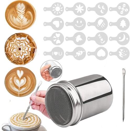 Stainless Steel Shaker with Lid Chocolate Sprinkles for Cappuccino Coffee Sugar Cocoa with 16 Coffee Stencil Coffee Pull Pin