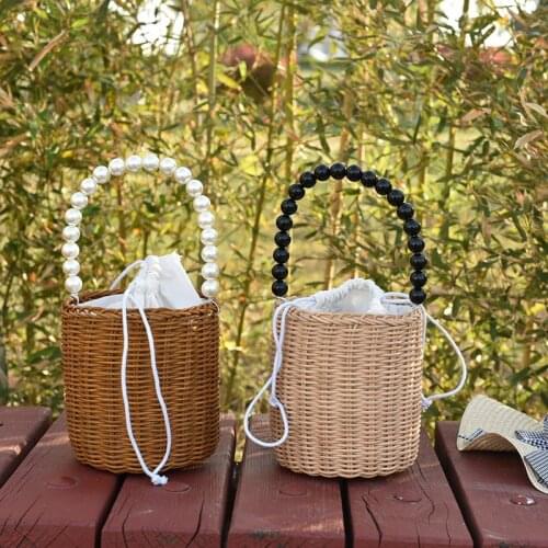 2021 Summer Straw Shoulder Bags For Women Handmade Drawstring Beach Bags Rattan with Pearl Woven Handbags Vacation Shopping Bags