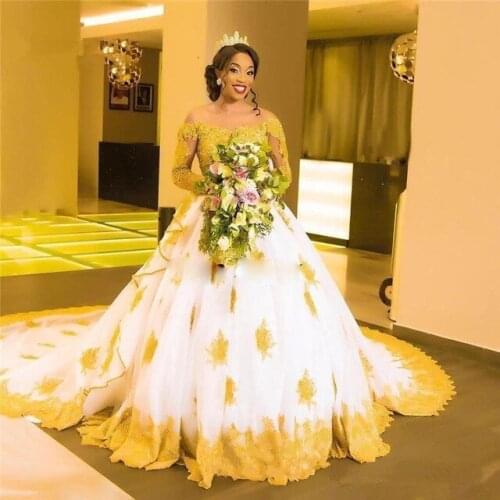 African Black Girls White with Gold Lace Wedding Dresses 2021 Long Sleeves Beaded Appliques Skin Tulle Long Sleeves Bridal Gowns