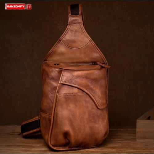 Vintage Leather Men Chest Bag First Layer Vegetable Tanned Cowhide Shoulder Bags Mens Casual Sports Messenger Bag