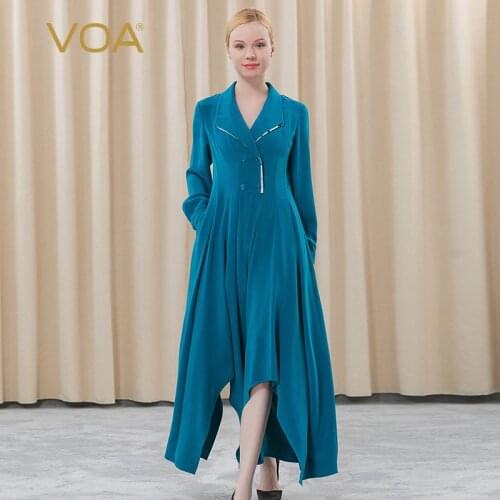 VOA heavy silk 30m/m blue Womens jumpsuits lapel collapsible double-breasted irregular hem attached skirt pants KE207