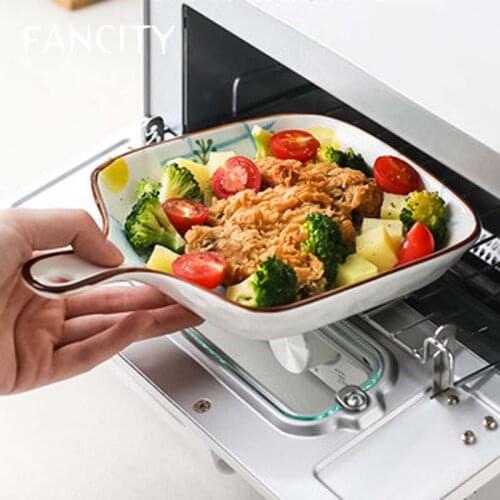 FANCITY Japanese creative cute bakeware baking bowl oven ceramic tableware net red handle plate dish home