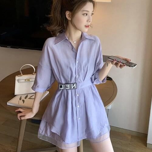 Women Spring Summer Style Organza Chiffon Blouses Shirts Lady Casual Half Sleeve Turn-down Collar Blusas Tops ZZ0585