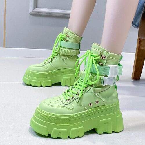 Green Punk Chunky Platform Motorcycle Boots Women Autumn Winter Gothic Shoes Woman Thick Bottom Lace Up Ankle Botas Mujer