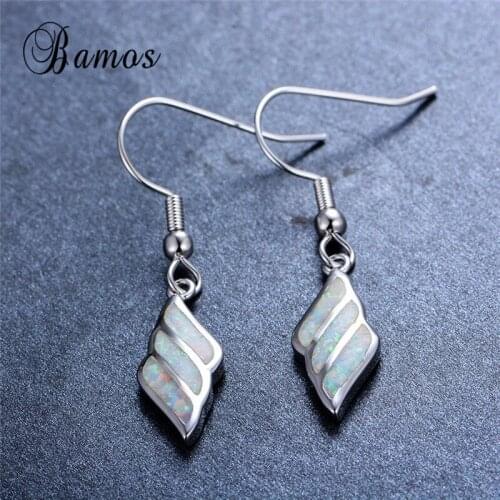 Bamos Fashion Geometric Blue/White Fire Opal Lucky Angel Wing Drop Earrings For Women Silver Color Wedding Gifts
