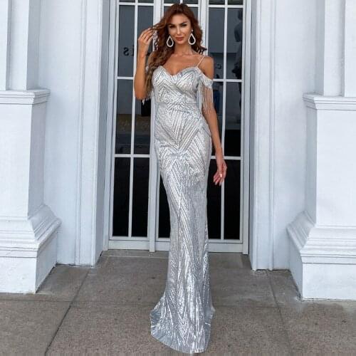 Prom Dresses Women Sequins Solid Off The Shoulder Tassel Dress Evening Party Dresses Wedding Guest Dresses Dance Queen Dresses