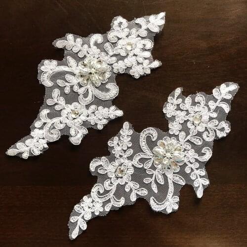 10 PAIRS SIlver White Sew on Trimmings Lace 11x25cm Patches Embroidered Headwear Applique Sewing For Wedding Dress Decor diy