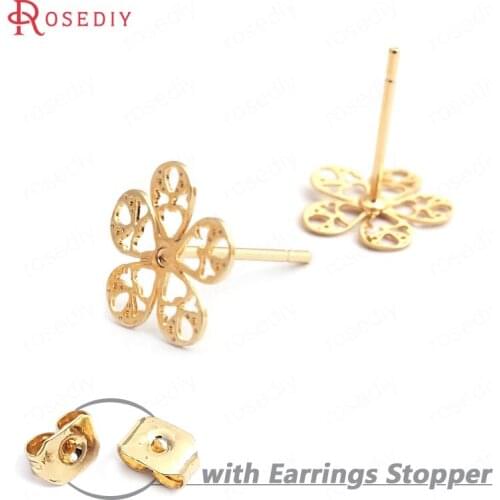 35223)20PCS 10MM 24K Gold Color Brass Hollow Flower Stud Earrings High Quality Diy Jewelry Findings Accessories