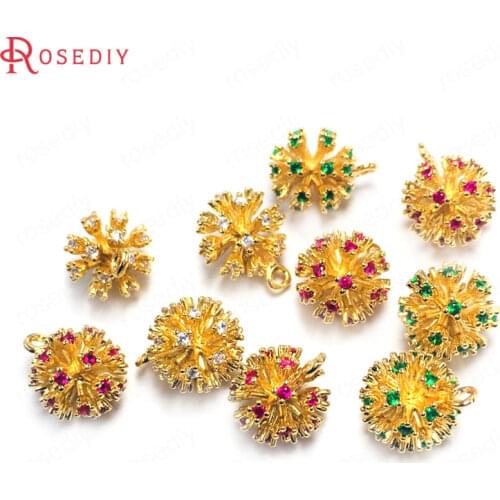 38807)6PCS 11MM 24K Champagne Gold Color Brass and Zircon Flower Ball Charms Pendants Jewelry Making Supplies Diy Accessories