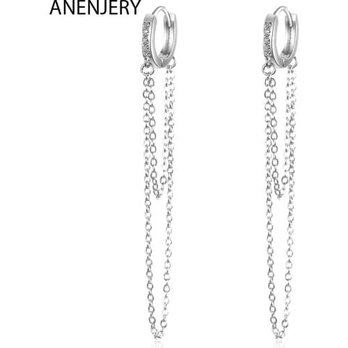 ANENJERY 925 Sterling Silver Sparkling Mosaic Cubic Zircon Tassel Chain Hoop Earrings Ear Jewelry For Women Gifts S-E1111