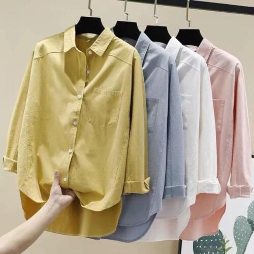 White womens long-sleeved summer work clothes linen shirt womens blouse with pockets