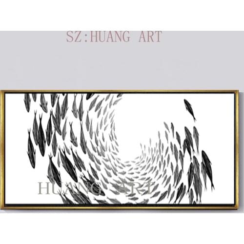 Large murals long black and white fish swimming animals hand-painted oil painting the bottom of the sea school of fish decorativ