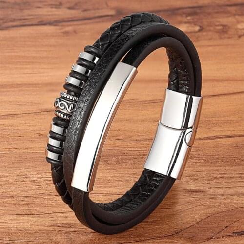 Stainless Steel Genuine Leather Bracelet For Men Geometrically Irregular Graphics Black Brown Color Accessories Jewelry