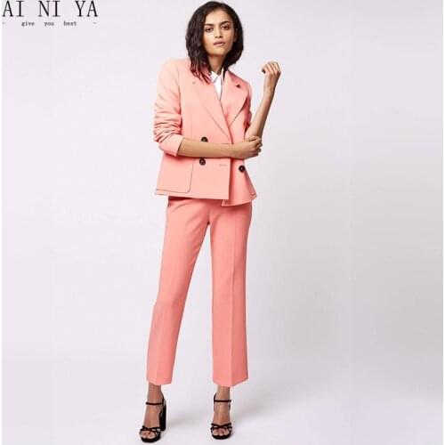 Pink Womens Business Suits Female Office Uniform Ladies Trouser Suits Formal Womens Tuxedo Straight Trousers 2 Piece Blazer