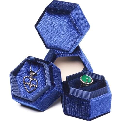 Exquisite And Small Navy Blue Gold Velvet Hexagonal Jewelry Ring Pendant Necklace Display Box For Wedding Anniversary Gifts