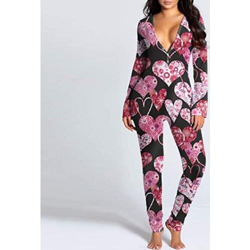 Butterfly Love Heart Print Long Sleeve Jumpsuit Women Sleepwear Fashion Deep V Neck Button down Romper Autumn Winter Warm Pajama