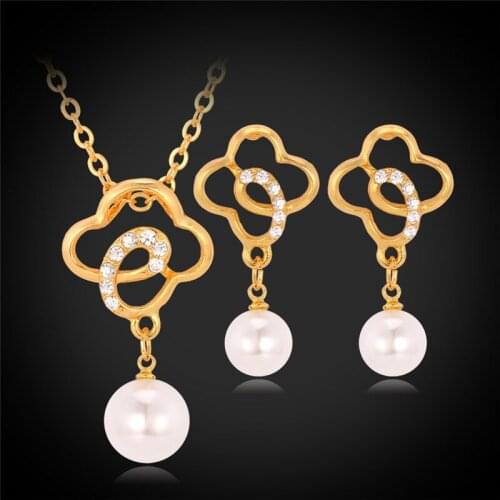 Kpop Simulated Pearl Jewelry Pendant Necklaces Earrings Women Austrian Rhinestone Gold/Silver Color Jewelry Sets PE964