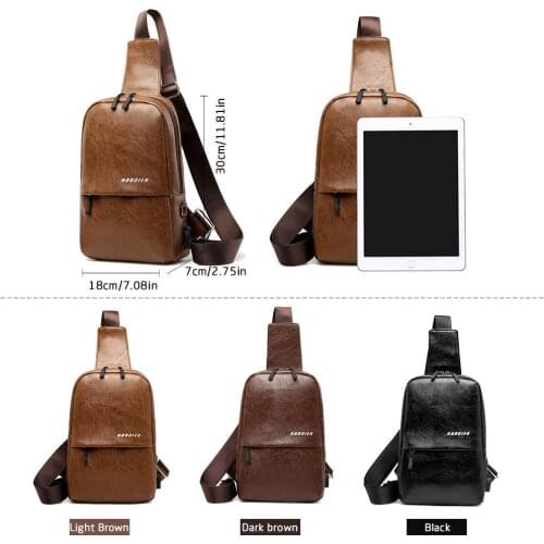 USB Charging Chest Pack Men Casual Shoulder Crossbody Bag PU Chest Bag Water Repellent Travel Messenger Bag Male Sling Bag