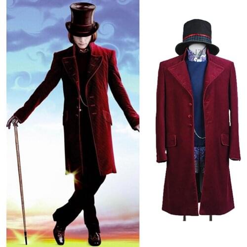 Charlie and the Chocolate Factory Movie Johnny Depp Willy Wonka Wine Red Coat Jacket Cape Halloween Cosplay Costume For Men