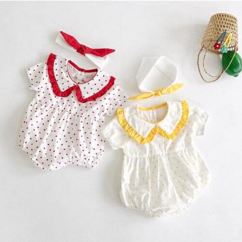 Newborn Baby Girls Clothing Infant lace Doll collar dot printed Romper short Sleeve summer Jumpsuit Playsuit Headband set