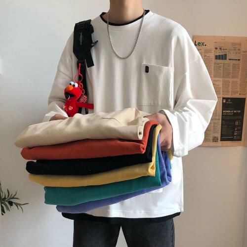 Autumn Oversized Men T Shirt Solid Long Sleeve O Neck Casual Loose Japan Style Harajuku Vintage Male Clothing Vogue Hip Pop