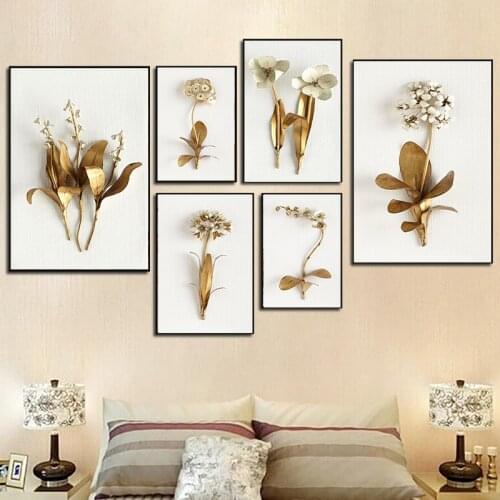 DDHH Golden Plant Leaves And Flowers Wall Art Canvas Painting Nordic Decoration Pictures For Living Room Home Unique Decor