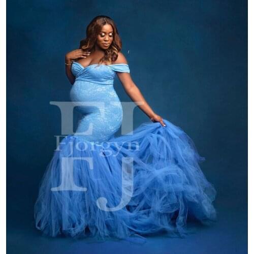 Attractive Mermaid Off Shoulder Pregnant Dresses Lace up and Ruffles Tulle Hemline Sweep Train Party Gowns Maternity Dress Robes