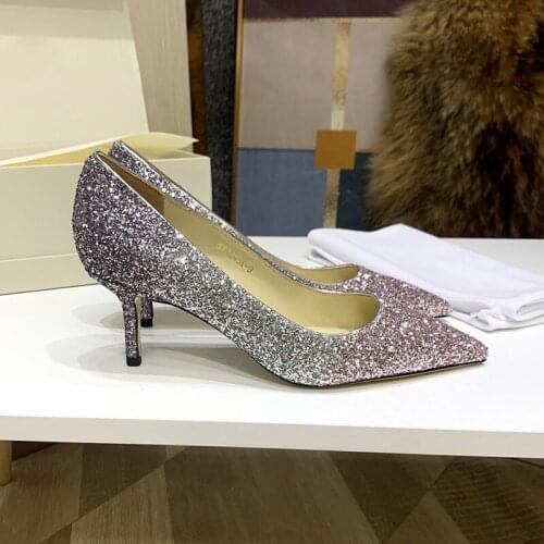 Early autumn 2020 new light mouth single shoe Sequin gradient pointed thin heel leather shoes