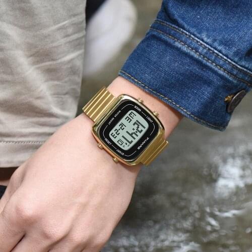 RGTOPONE Gold Silver the Mens' Watch Stainless Steel Band Multi-function Waterproof Watches Alarm Retro Digital Watches Present